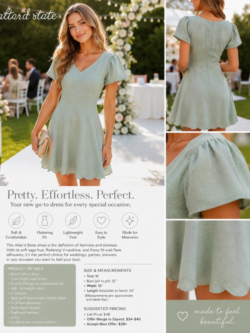 Altar’d State Sage Green Fit & Flare Dress | Size M (Fits XS/S or Teen) | Weddin